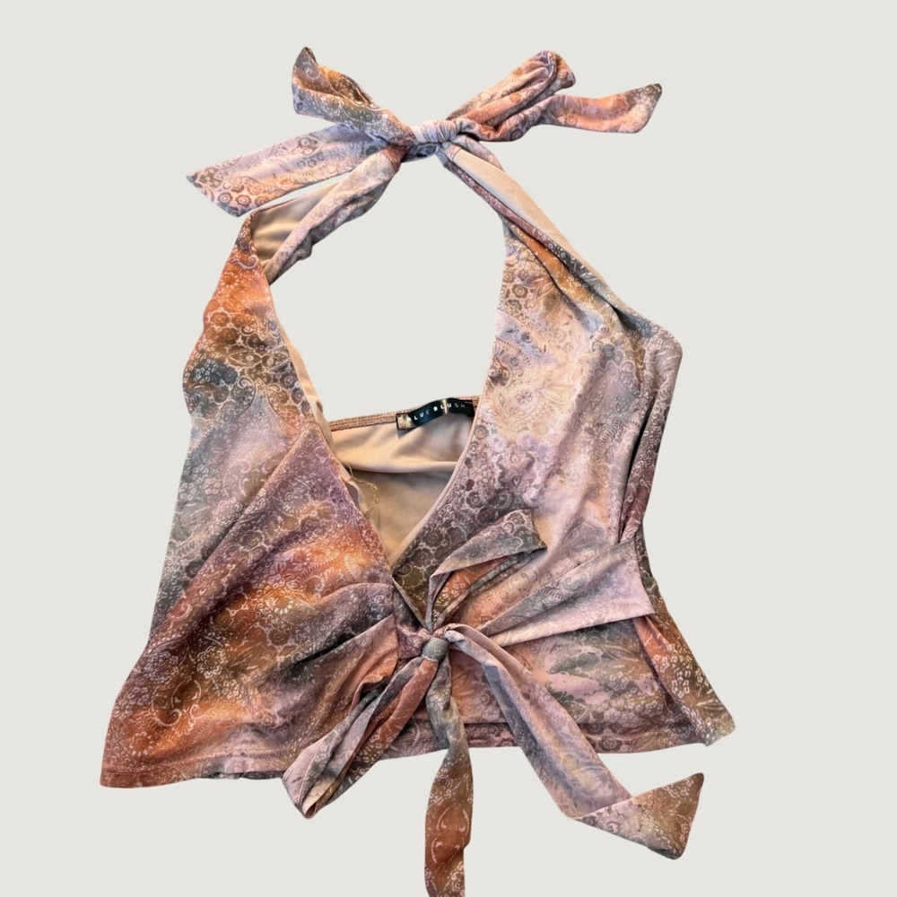 Blue Blush Halter Top Size S Paisley Mesh Tie Front Cropped Pink Brown Boho